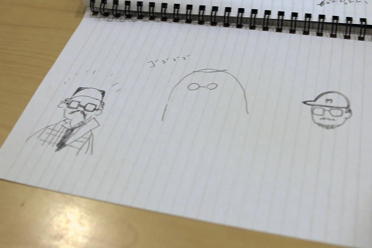 マッコイ斉藤を描いたイラスト(左から桃乃木かな、辰巳シーナ、如月さやが描いたもの)