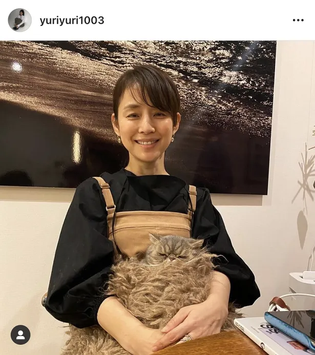 石田ゆり子が抱くネコ、まるでモップのよう！