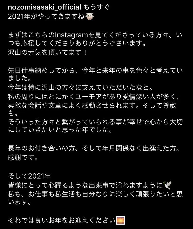 【元投稿を見る】佐々木希、コメント全文「今年と来年の事を色々と考えていました」