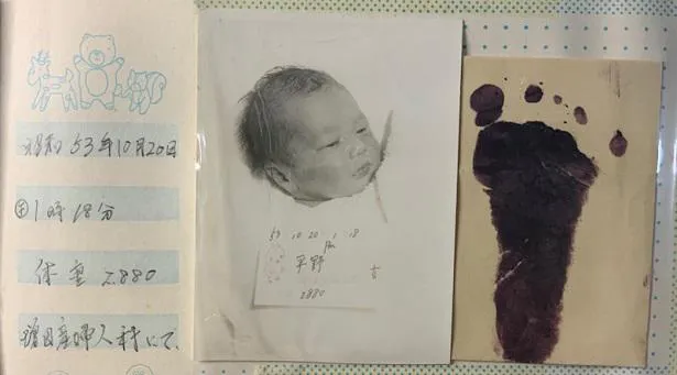 病院からのプレゼントだという平野ノラの「足型と産まれたて写真」