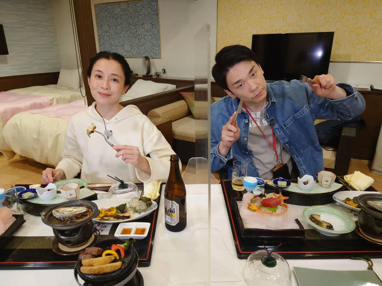 【写真を見る】ホテルの一室でごはんを食べる濱家隆一と坂井真紀 