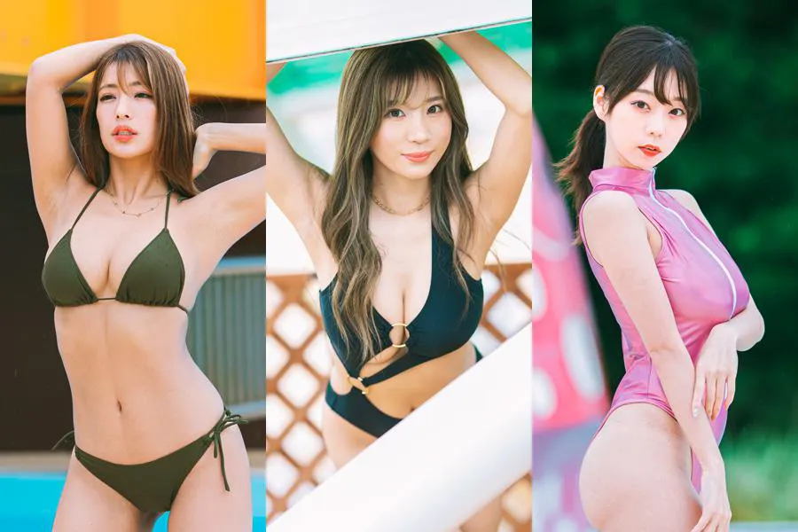 「はなまる夏の大プール撮影会」に出演した橋本梨菜、葉月あや、青山ひかる(左写真から)