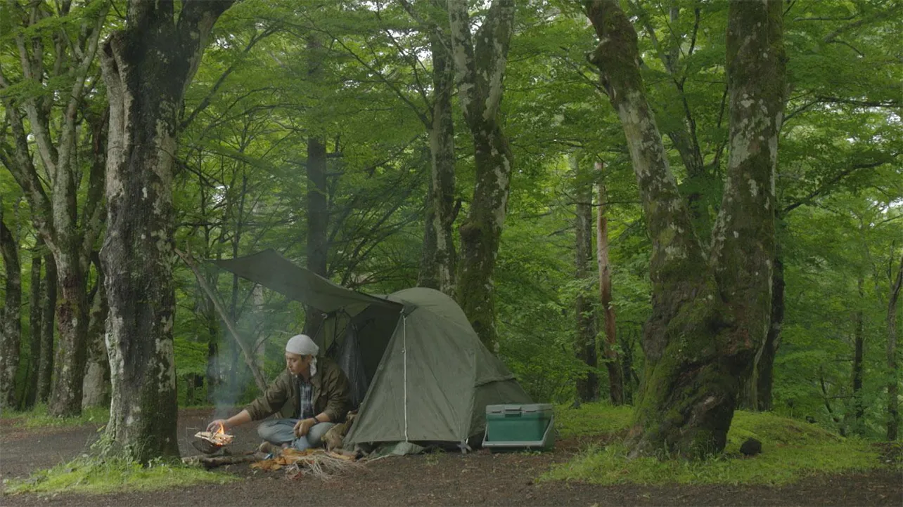 雨が降る森の中で”ぼっちキャンプ”を楽しむヒロシ