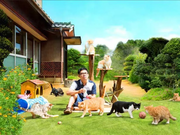 庭に集まってきたネコたちと戯れる佐久本(伊藤)