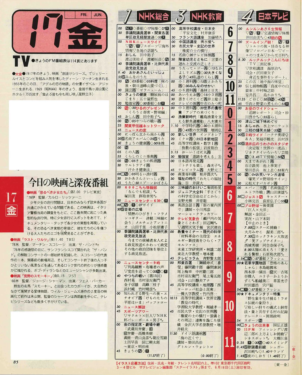 風間俊介のバースデー番組表（左）　1983年6月17日　※適宜拡大してご覧ください