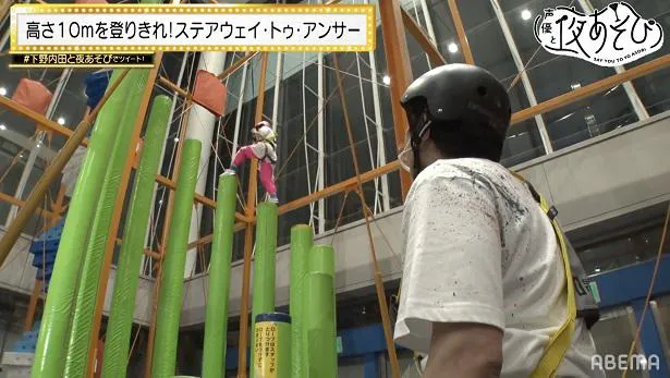 【写真を見る】「高さ10mを登りきれ！ステアウェイ・トゥ・アンサー」に挑戦する下野紘と内田真礼