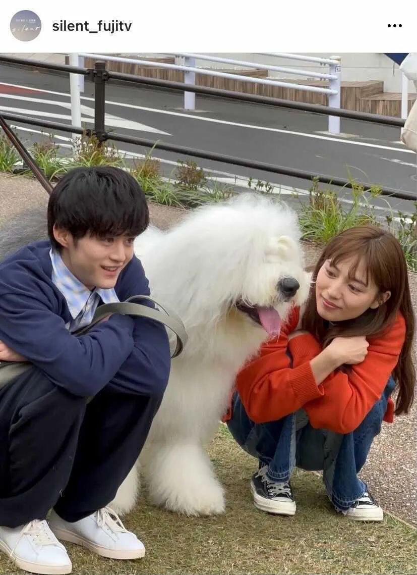 【写真】川口春奈＆鈴鹿央士、小さくしゃがんで共演犬“ダイナくん”と同じ目の高さに