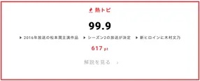 6月8日“視聴熱”デイリーランキング 熱トピでは「99.9」をピックアップ
