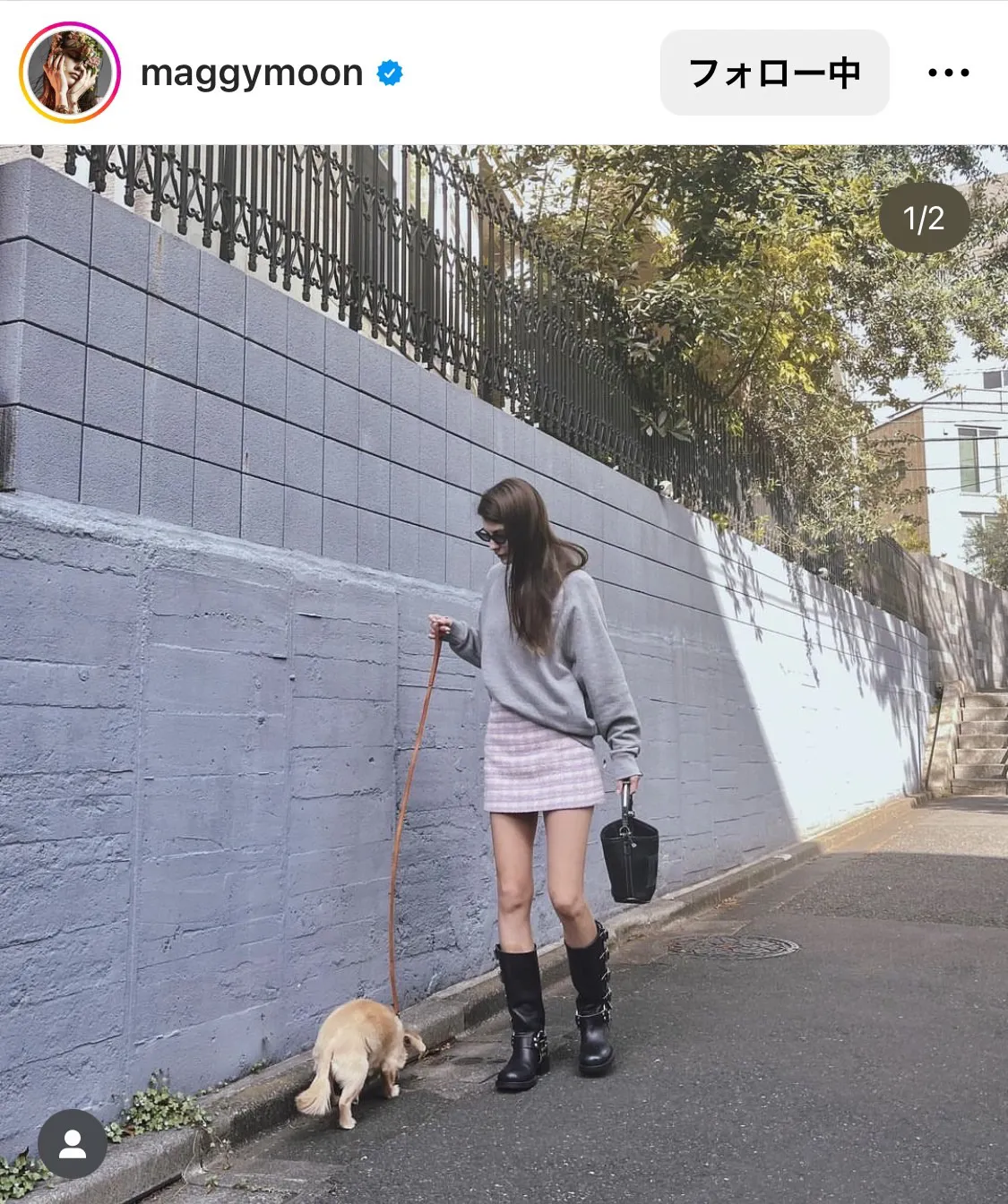 マギー、太もも丸出し…超ミニスカートで愛犬を散歩する“日常”ショット