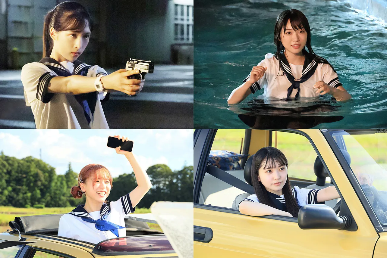 映画「ガールズドライブ」で主演を務めるAKB48の小栗有以、山内瑞葵、倉野尾成美、山崎空