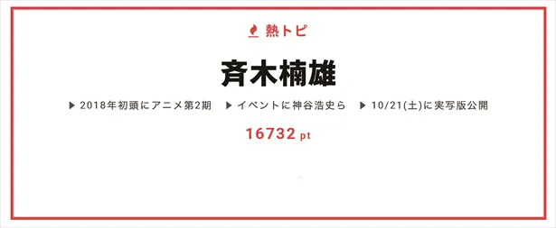 7月23日“視聴熱”デイリーランキング 熱トピでは、「斉木楠雄」をピックアップ