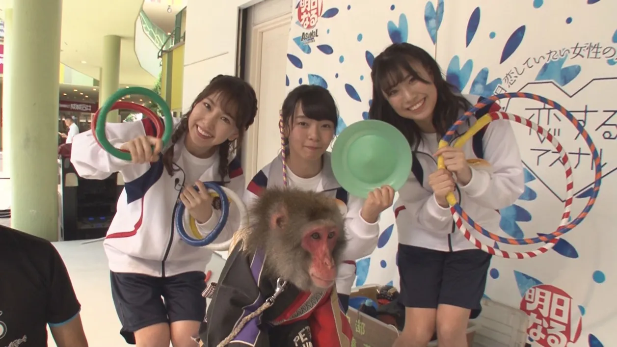 SKE48の熊崎晴香、高畑結希、荒井優希が猿回しに挑戦！(写真左から)