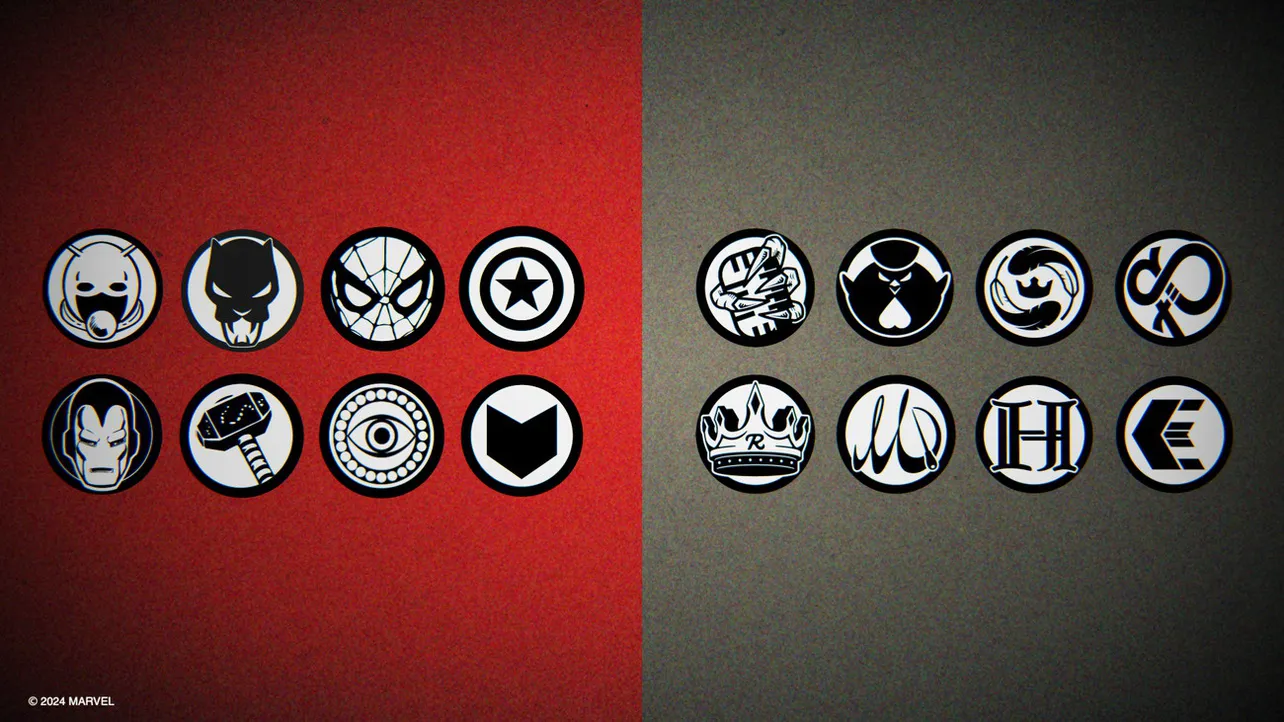 左側：MARVELヒーロー(上段左からアントマン、ブラックパンサー、スパイダーマン、キャプテン・アメリカ、下段左からアイアンマン、ソー、ドクター・ストレンジ、ホークアイ)、右側：MAZZELメンバー(上段左からKAIRYU、NAOYA、RAN、SEITO、下段左からRYUKI、TAKUTO、HAYATO、EIKI)