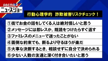 千原ジュニア、心理学部教授考案の“詐欺被害リスクのチェックリスト”の結果に「なんか『ふつうの人間』と言われているよう」＜ABEMA的ニュースショー＞