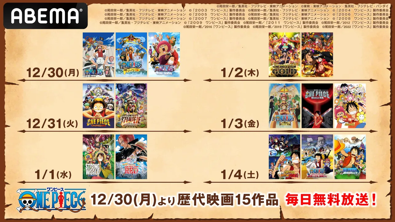 「ONE PIECE」歴代映画15作品をABEMAで無料放送