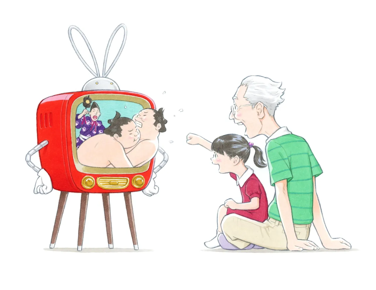 窪之内英策作「楽しくテレビを見ているおじいちゃんと孫」
