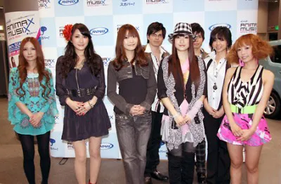 「ANIMAX MUSIX SPRING 2010」の発表会見に出席した飛蘭、ELISA、May'n、AKINO from bless4、Mizca（写真左から）