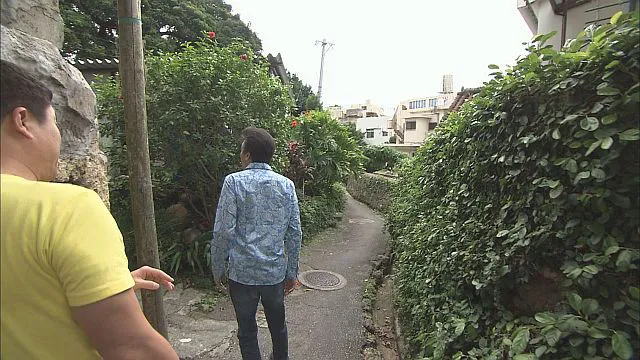 沖縄らしい道を散策する2人
