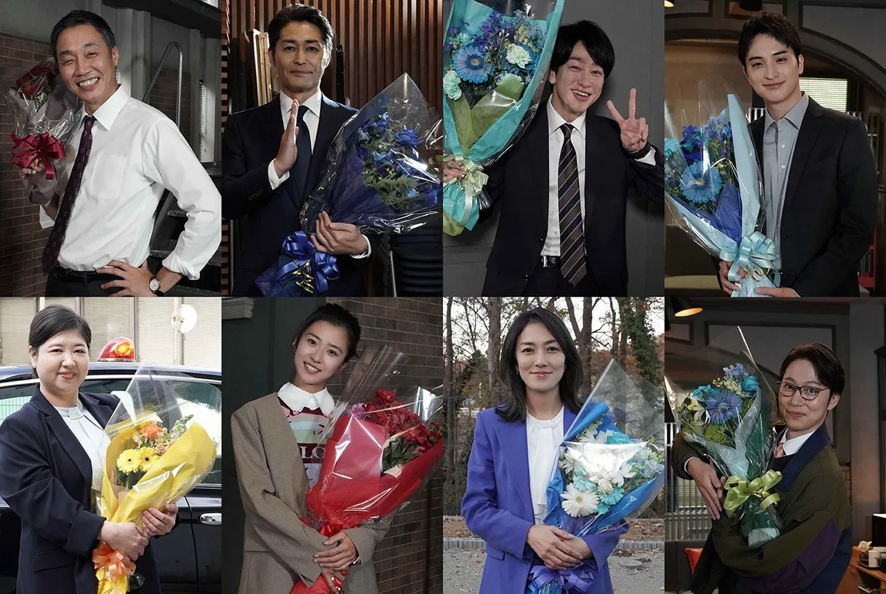 【写真】レギュラーキャストクランクアップ！(上段左から)松角洋平、安田顕、横山裕、一ノ瀬颯 (下段左から)馬場園梓、黒島結菜、板谷由夏、金田哲
