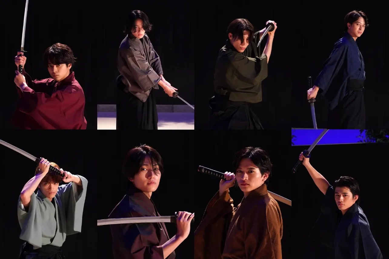 「殺陣マン」に挑む(写真上段左から)佐藤勝利、菊池風磨、松島聡、寺西拓人、(同下段左から)原嘉孝、橋本将生、猪俣周杜、篠塚大輝