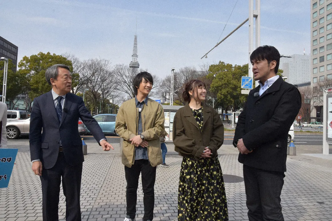 名古屋を魅力ある都市にするすべを探るため、池上彰、本田剛文、須田亜香里、土田晃之がロケに(写真左から)