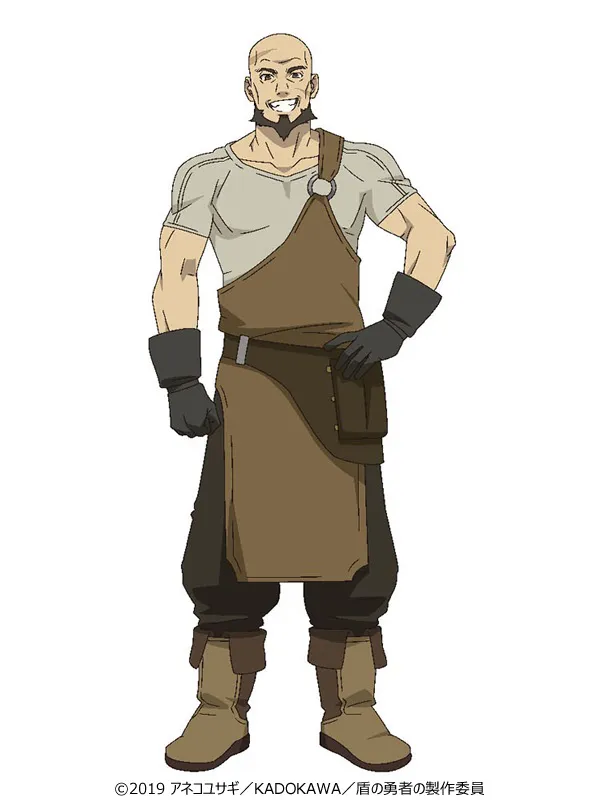 安元洋貴が演じるエルハルトは、メルロマルクで武器屋を営む体格の良い親父。武器屋としての腕も一流で、尚文達は信頼を置いている