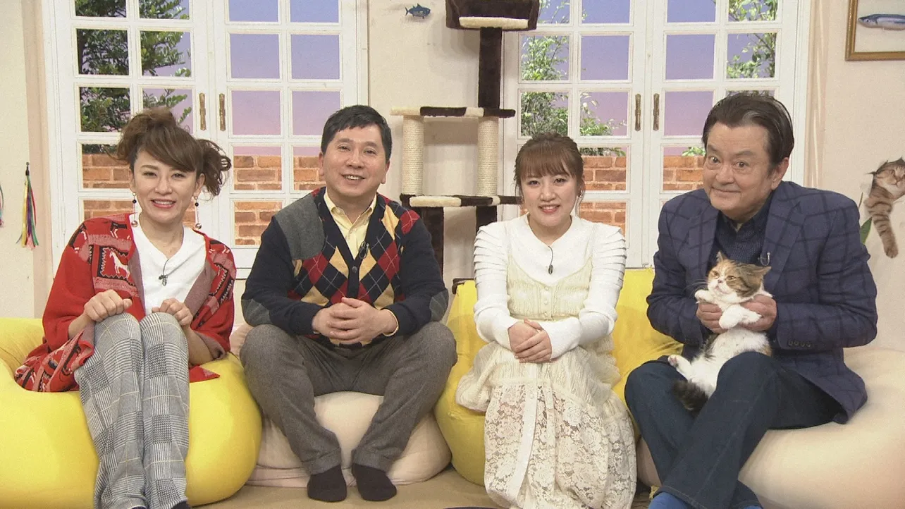 「にゃんとオドロキ！ねこの歴史」に出演する(左から)鈴木砂羽、田中裕二、高橋みなみ、大和田伸也としずく