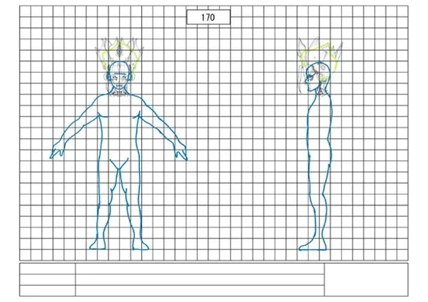 【写真を見る】着ぐるみメカ千空の制作工程を紹介！ まずは大きさ出しで、基準になる人体図テンプレートに、Boichiの設定画を重ね合わせてバランスをチェックする