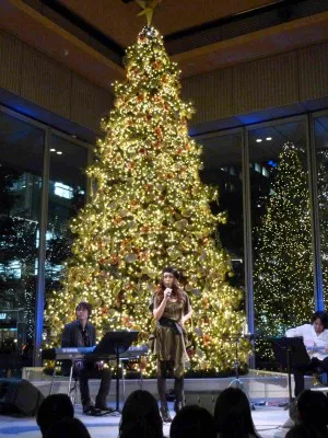 観客と一緒にカウントダウンでクリスマスツリーに明かりを点灯した。
