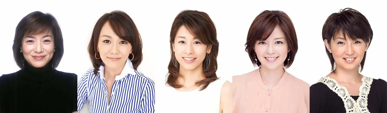 歴代キャスターの八木亜希子、木佐彩子、加藤綾子、中野美奈子、小島奈津子(写真左から)