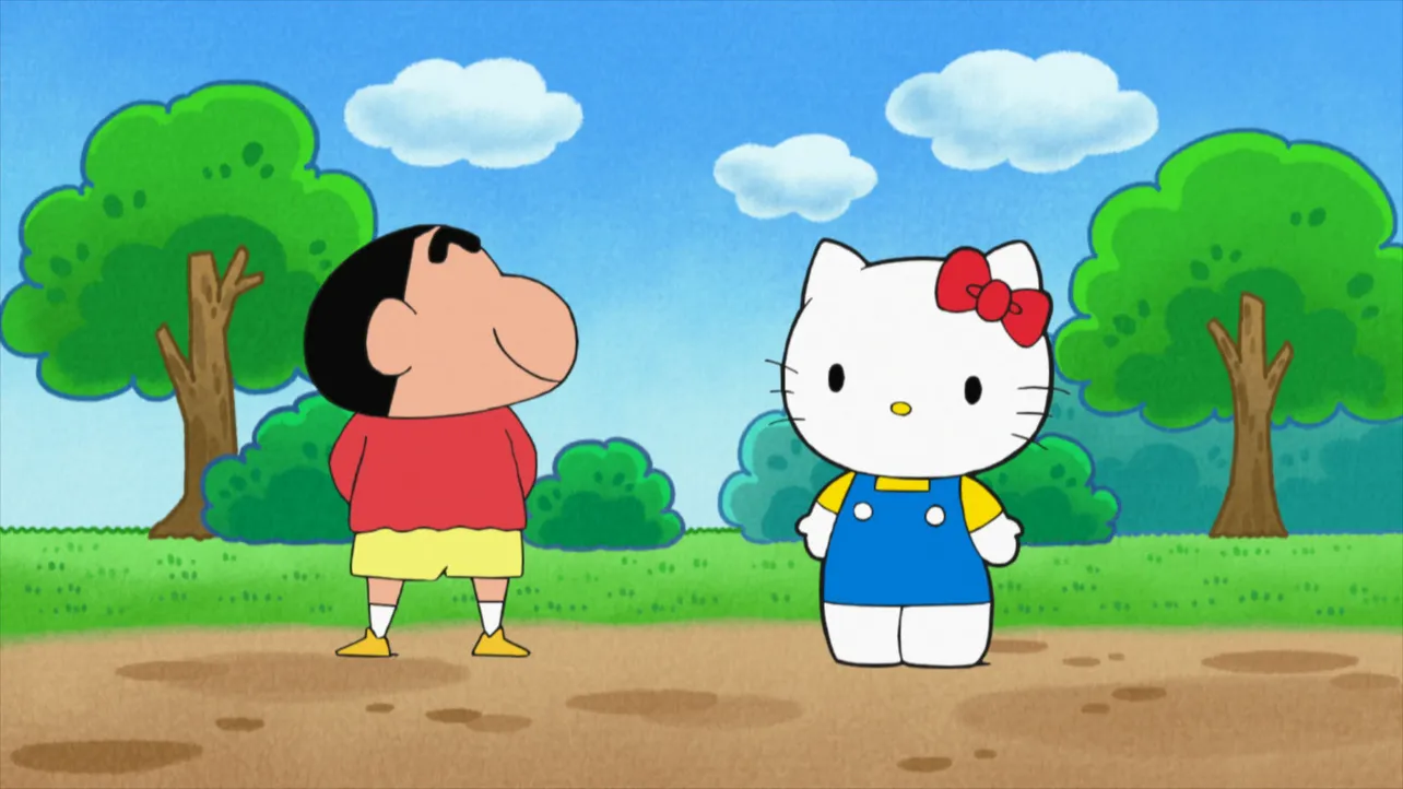 しんちゃんが「ピューロランド」におじゃまする。キティちゃんと背が同じくらいで、あまり違和感がない…!?