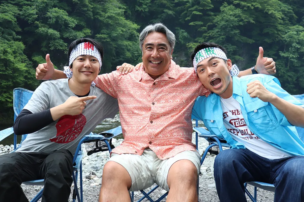7月17日(水)放送「極上！三ツ星キャンプ」に出演する田中ケン、阿諏訪泰義(うしろシティ)、たけだバーベキュー