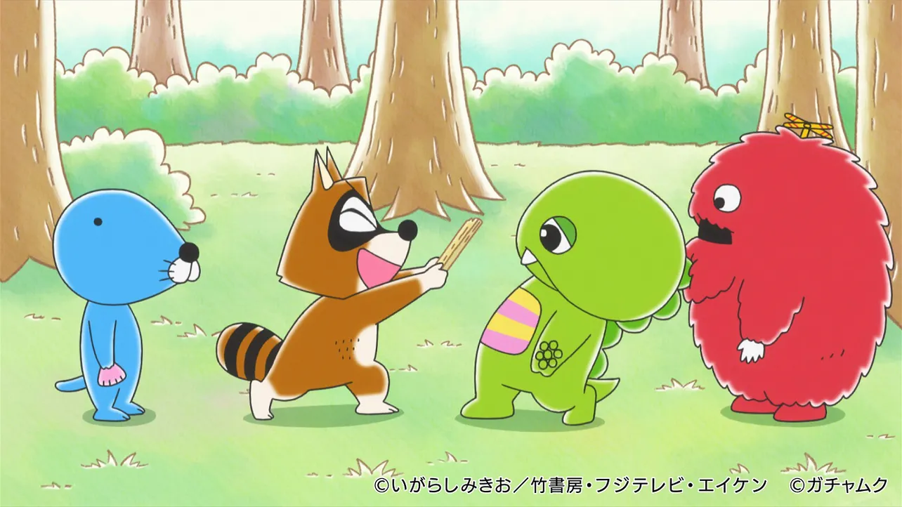 ガチャピンとムックがアニメ「ぼのぼの」に登場し、動物たちとの交流を繰り広げる