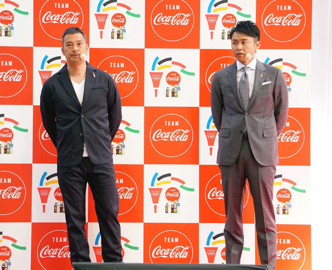 「セレブレーション」について発表する日本コカ・コーラ株式会社 東京2020オリンピック＆エクスペリエンシャル マーケティング統括部長・渡邉和史氏と北島康介(写真左から)