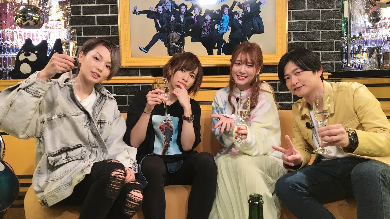 「声優と夜あそび」より飯田友子、村井美里、内田真礼、下野紘(左から)