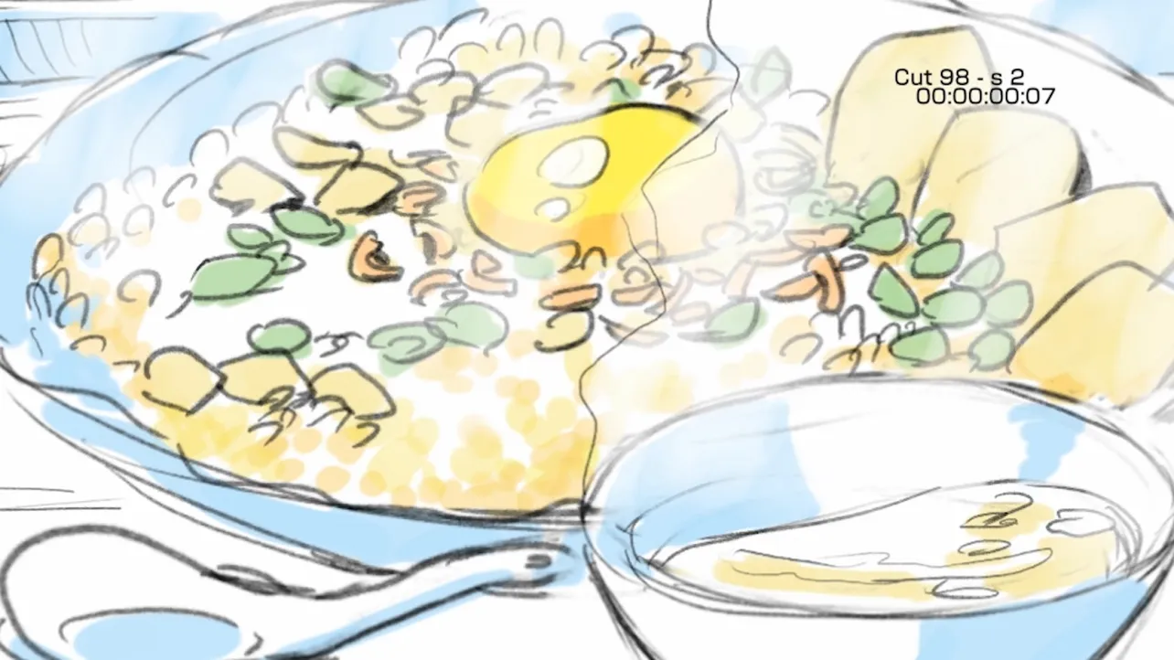 【写真を見る】ビデオコンテの時点で食欲をそそる“陽菜のお手製チャーハン”