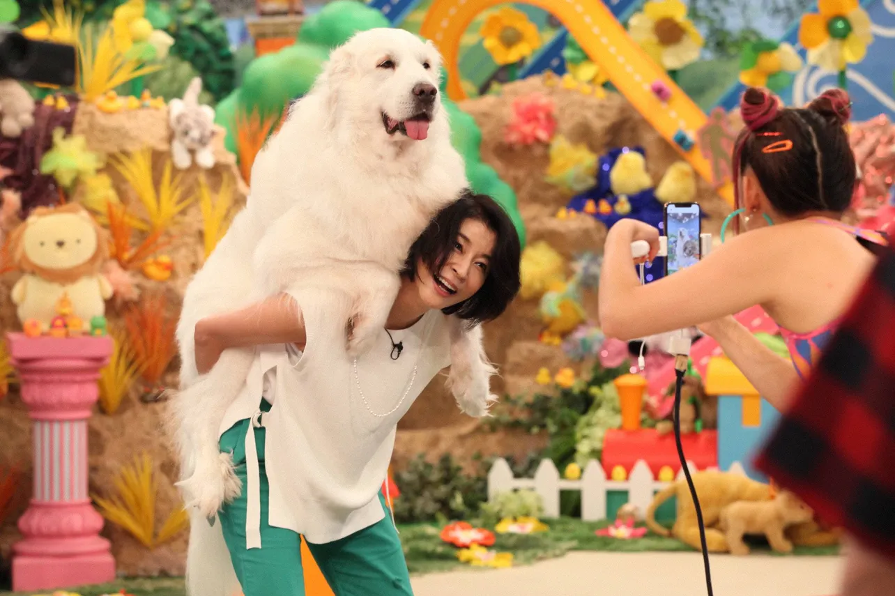 【写真を見る】大型犬とSNSで話題の「おんぶ犬」に挑戦する高嶋ちさ子