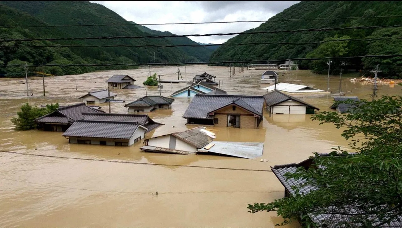 【写真を見る】建物の屋根しか見えないほど水没した熊本・球磨村、神瀬地区