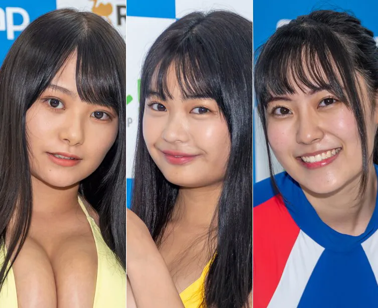 撮影会を開催するグラビアアイドル桜井木穂、西本ヒカル、林田百加(写真左から)