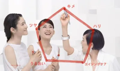 新CMでは3人がリレー形式で理想の肌バランスを示した5角形を描いていく