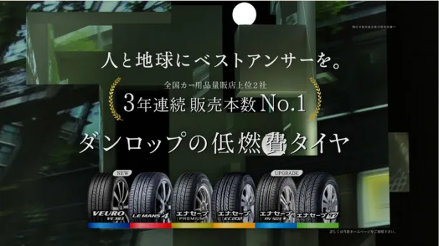 ダンロップの住友ゴム工業は、低燃費タイヤ3年連続販売本数No.1となった　※日本能率協会総合研究所調べ