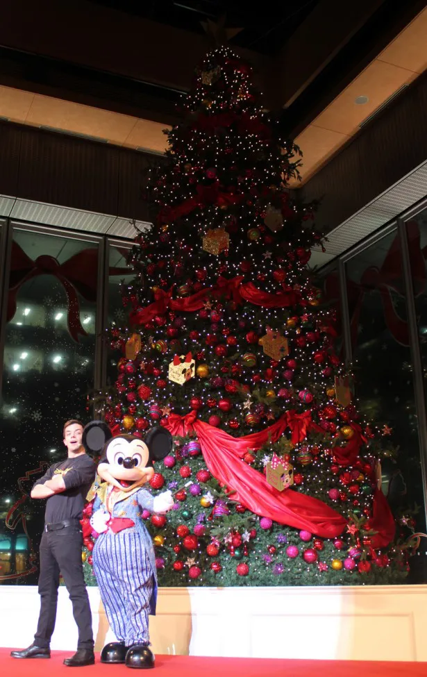 クリスマスツリーに光が灯り、「大成功!!」と喜ぶミッキーマウスたち