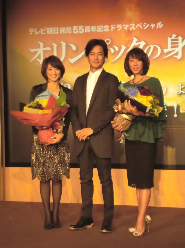 「オリンピックの身代金」の試写会＆トークショーに登壇した(左から)岩崎恭子、竹野内豊、 小谷実可子