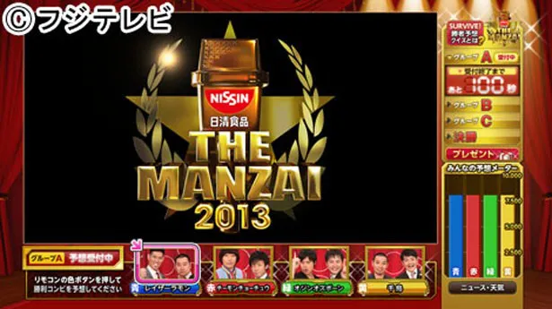 「THE MANZAI 2013」は12月15日(日)夜7時からフジテレビ系にて生放送。「みんなの予想メーター」を参考に、勝者予想クイズでカップヌードル20年分(!)を当てよう