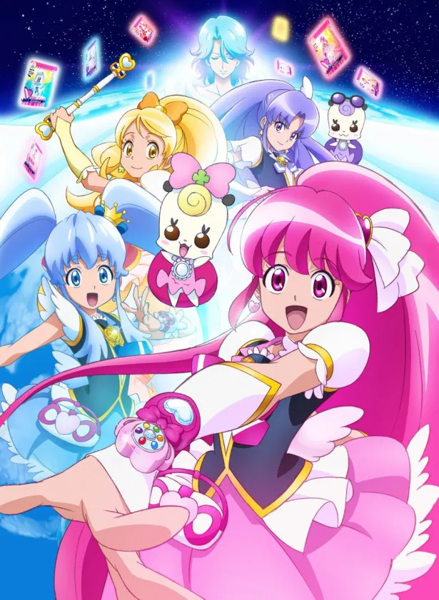 '14年2月スタートの「ハピネスチャージプリキュア！」に登場する(手前から)キュアラブリー、キュアプリンセス、キュアハニー、キュアフォーチュン