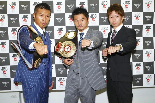 テレビ東京の大みそか恒例の世界タイトルマッチに出場する(左から)内山高志、河野公平、田口良一