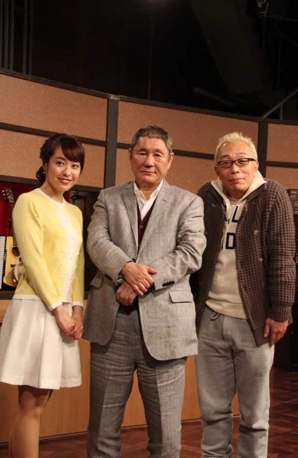 日本の知られざる芸能史に迫る片山千恵子アナ、ビートたけし、所ジョージ(写真左から)