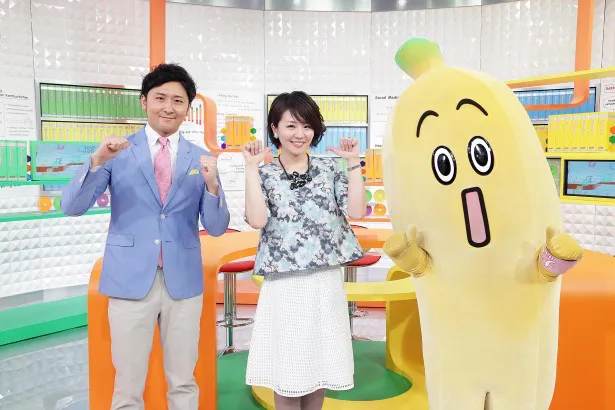 「チャージ730！」でMCを務める(左から)林克征アナ、大橋未歩アナ、テレビ東京のキャラクター・ナナナ