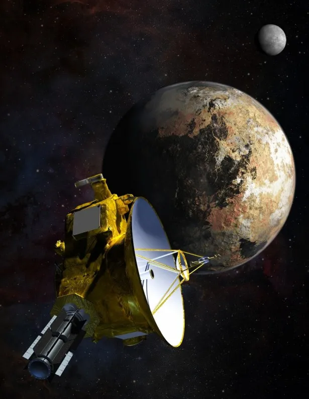冥王星と衛星カロンに接近する探査機ニューホライズンズ(イメージ)