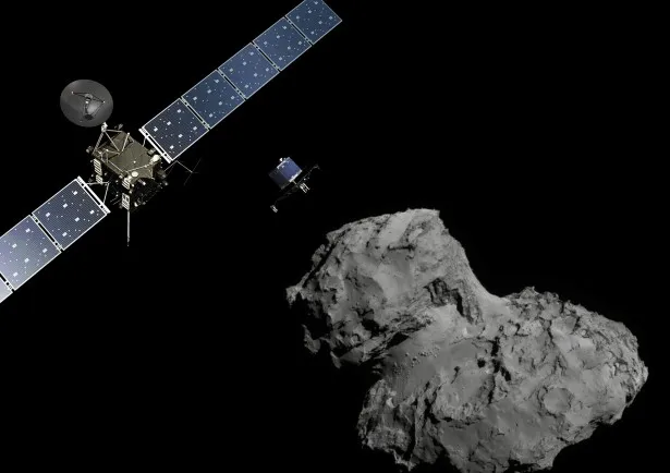 【写真を見る】彗星探査機ロゼッタとチュリュモフ・ゲラシメンコ彗星に 向かう着陸機フィラエ(イメージ)
